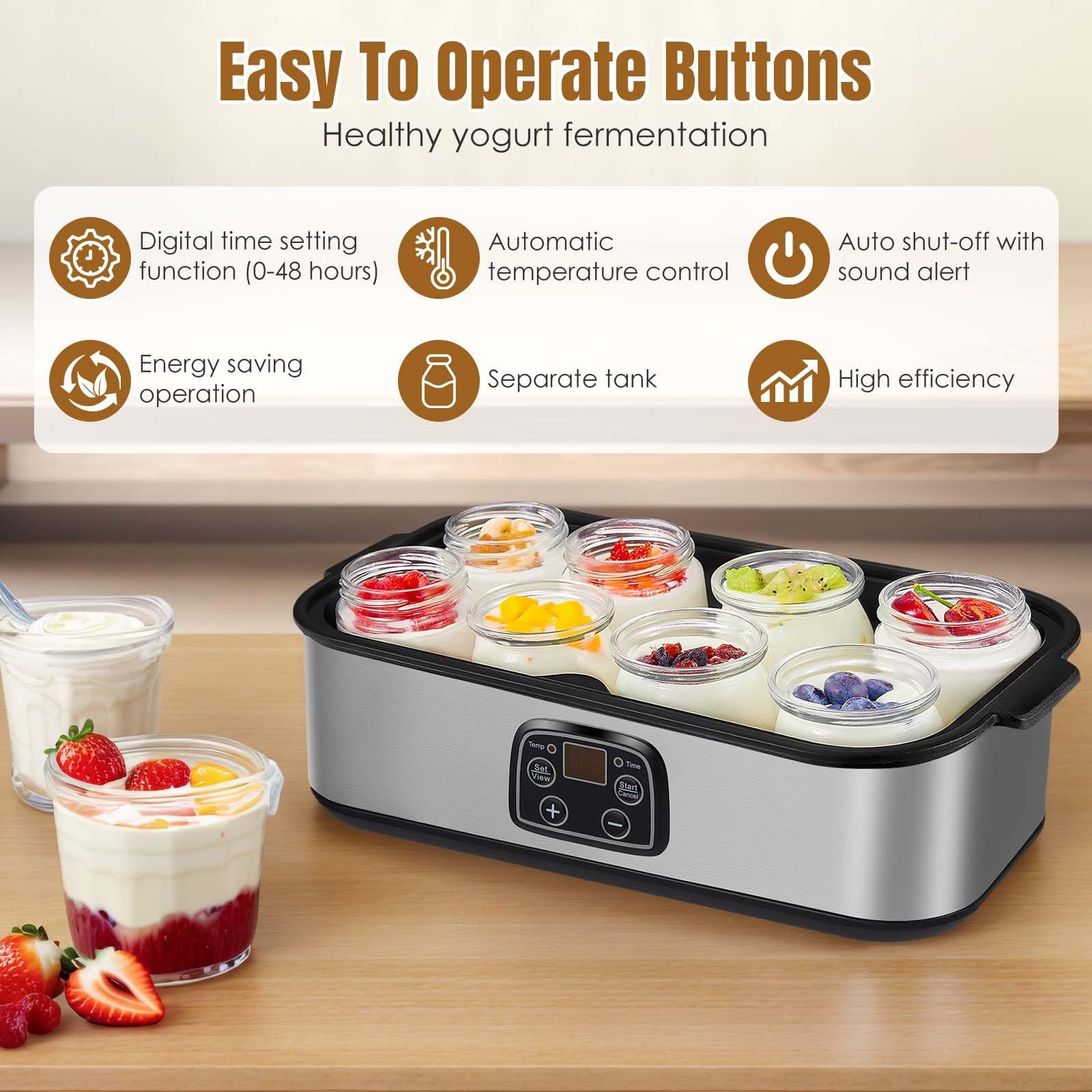 Yogurtiera Elettrica con Vasetti in Vetro | Temperatura e timer regolabili; contenitori in vetro per preparare yogurt biologico, natto e dessert sani fatti in casa
