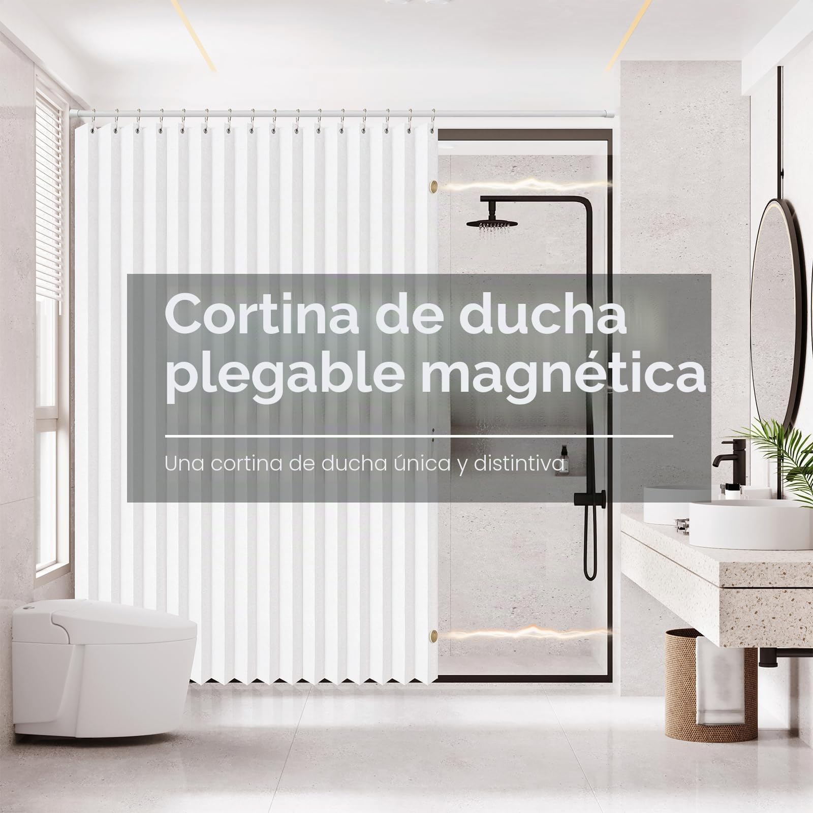 AJAZZ, Cortinas de Ducha Plegables magnéticas, Material de poliéster, Gancho para Cortina de Ducha, Cortina de Ducha Impermeable, Adecuada para Familia, Hotel, casa de Familia (Blanco, 77 Pulgadas de