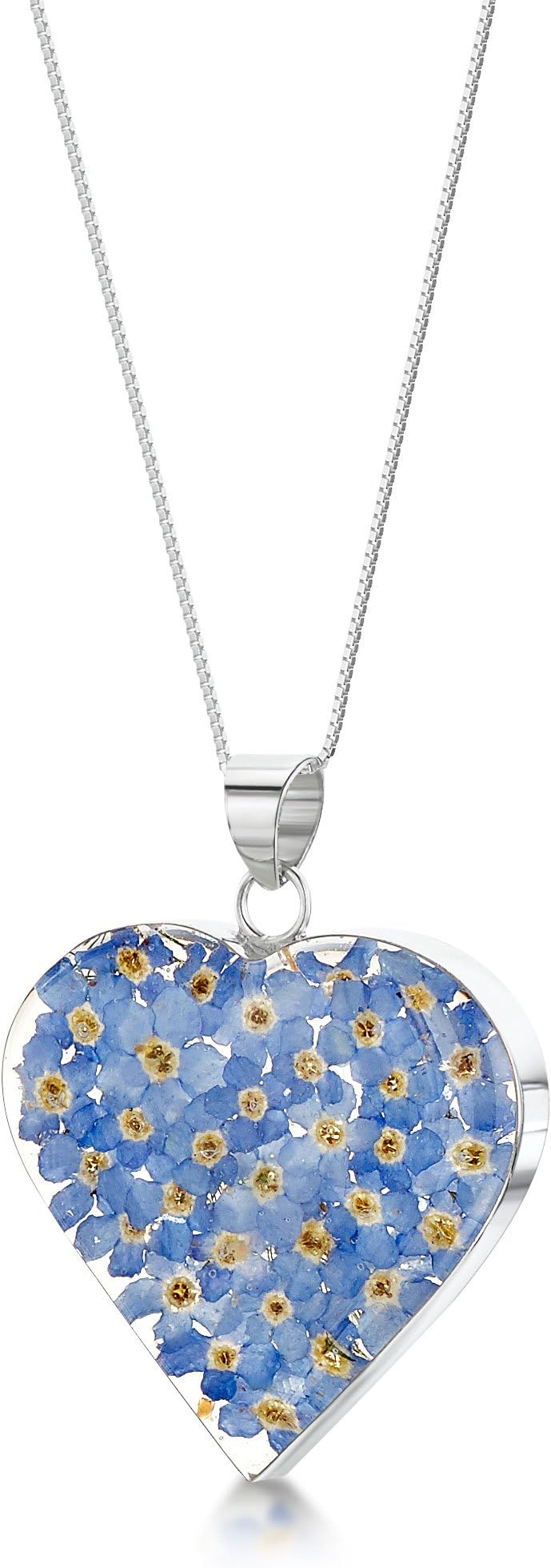 Shrieking Violet Silver Heart Pendant Made with Real Forget-me-nots - Includes an 18" Silver Chain & giftbox
