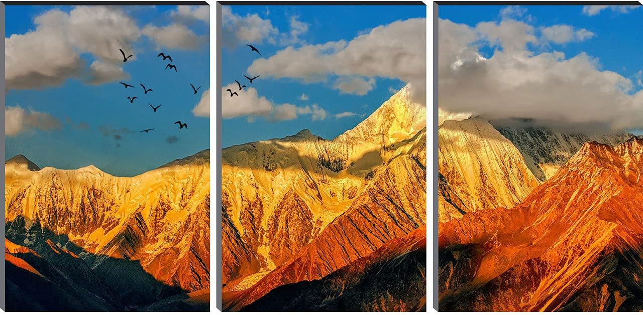 SAF paintings Set of 3 Golden Mountain MDF Self Adhessive UV Textured Painting 27 Inch X 12 Inch(Each Painting Size 12 Inch X 9 Inch) PHC30259
