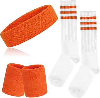 ONUPGO 5-Piece Sweatband and Striped Sock Set – Headband, Wristbands, High Tube Socks (80s Accessories)
