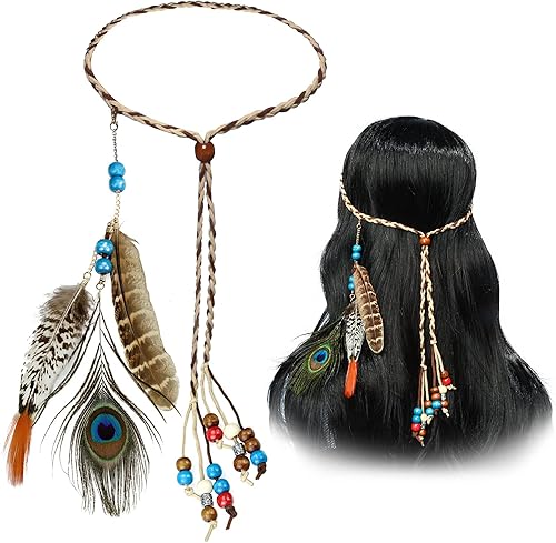 obmwang Diademas bohemias de plumas indias, diadema de plumas de pavo real, tocados para festivales, disfraces, accesorios para el cabello para