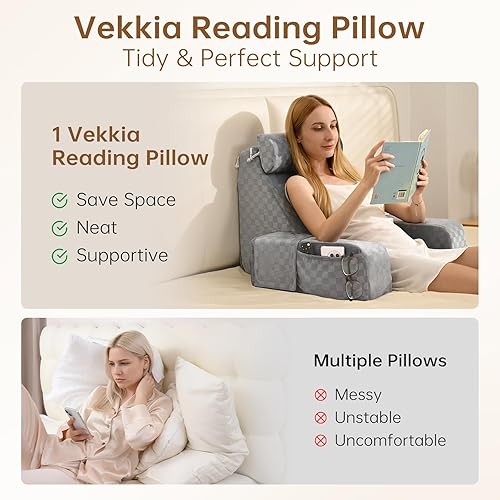 Miniatura 4 de Vekkia Almohada de lectura para adultos  Silla ergonómica de 45 con respaldo de cuña para sentarse en la cama, bolsillos laterales XL, perfecta para