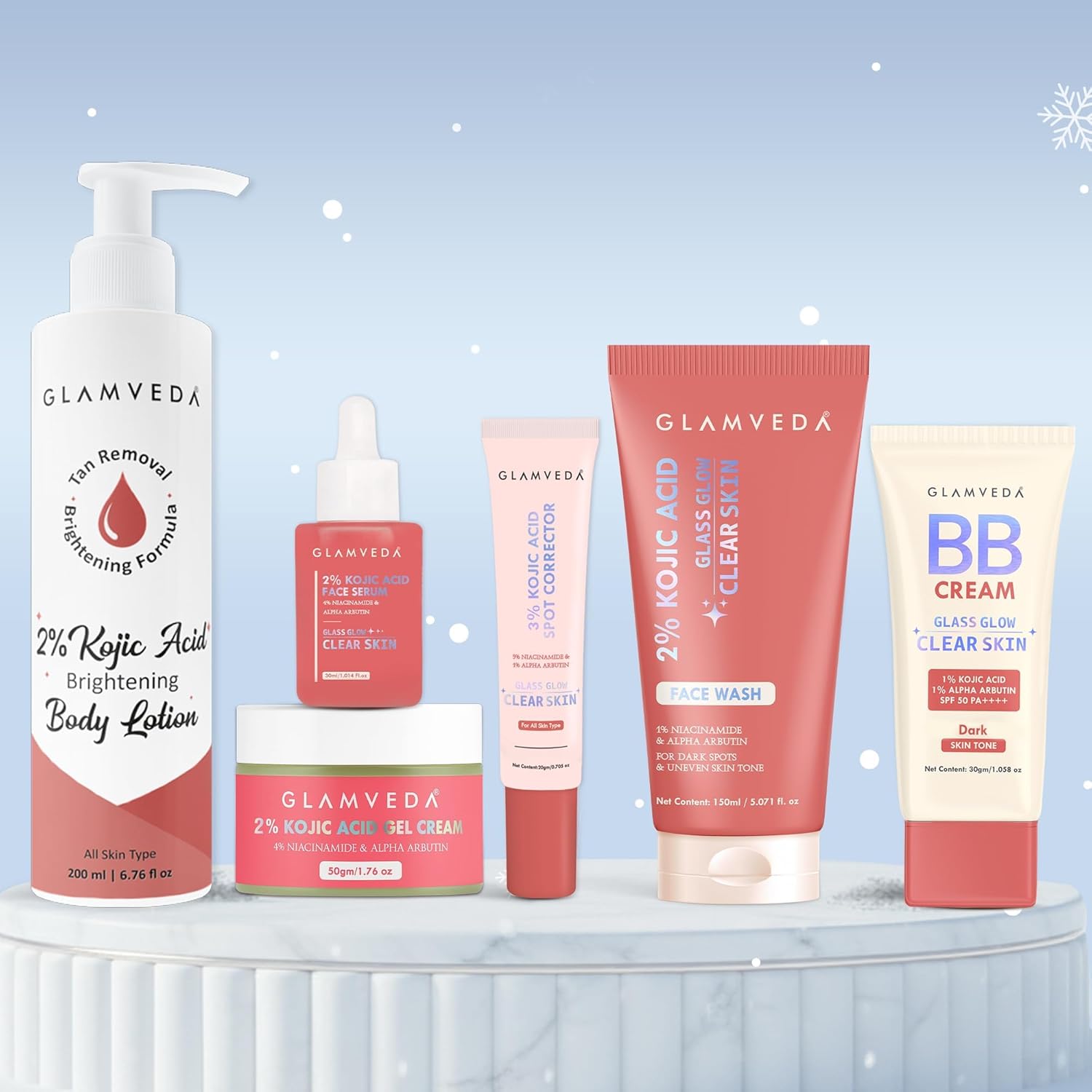 Glamveda 2% Kojic Acid 6 Step Skincare Kit for Glowing Skin | Facewash, Serum, Spot Corrector, Body Lotion, Cream, BB Cream (Dark Tone) | Brightens Skin, Reduce Dark Spots & Pigmentation | Women & Men Glamveda 2% Kojic Acid 6 Step Skincare Kit for Glowing Skin | Facewash, Serum, Spot Corrector, Body Lotion, Cream, BB Cream (Dark Tone) | Brightens Skin, Reduce Dark Spots & Pigmentation | Women & Men
