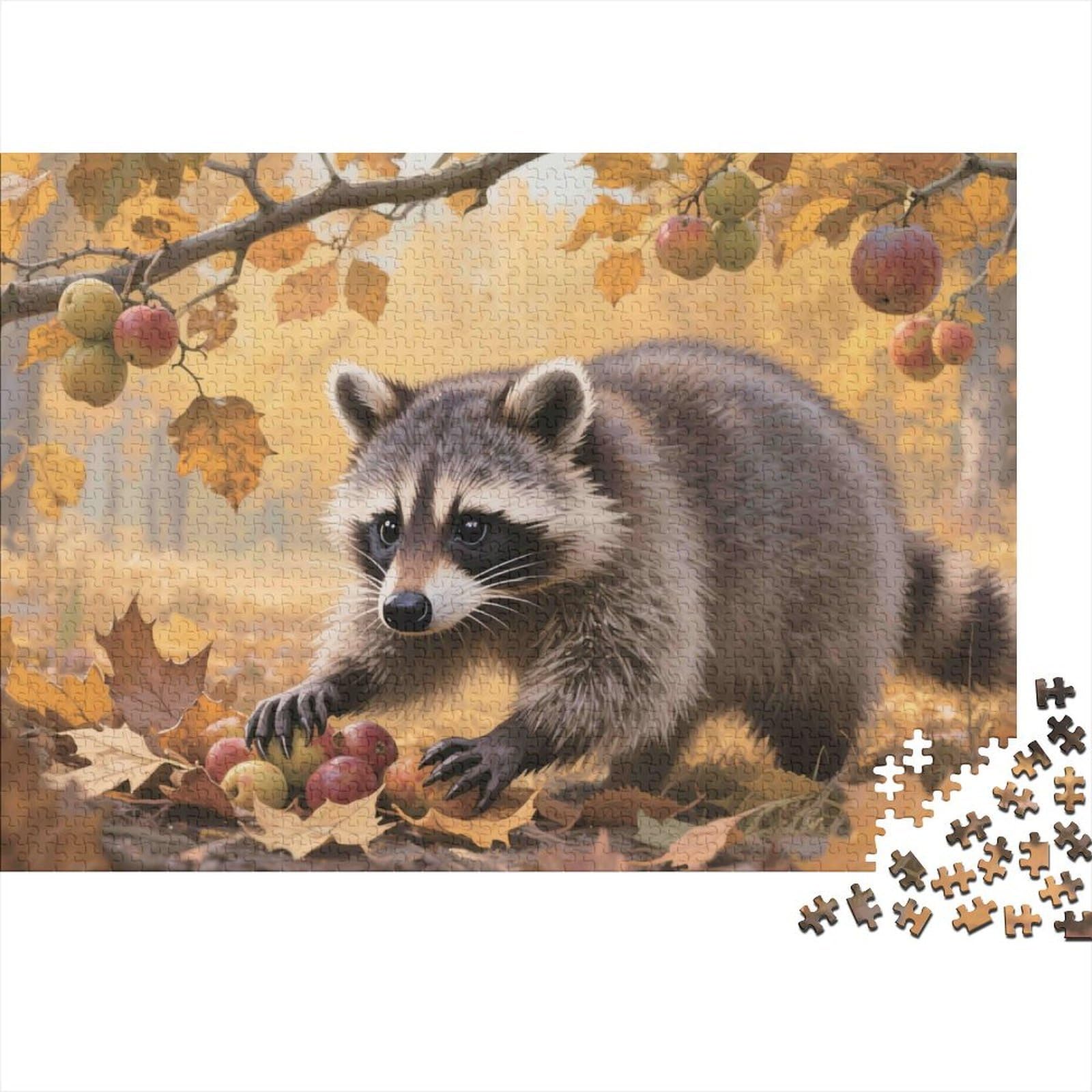 Raccoon Autumn Forest Scene 1000 Piece Jigsaw Puzzle Paper Jigsaw Puzzle for Adults Fall Nature Decor for Relaxation and Focus 38x26cm/1000pcs — image 1