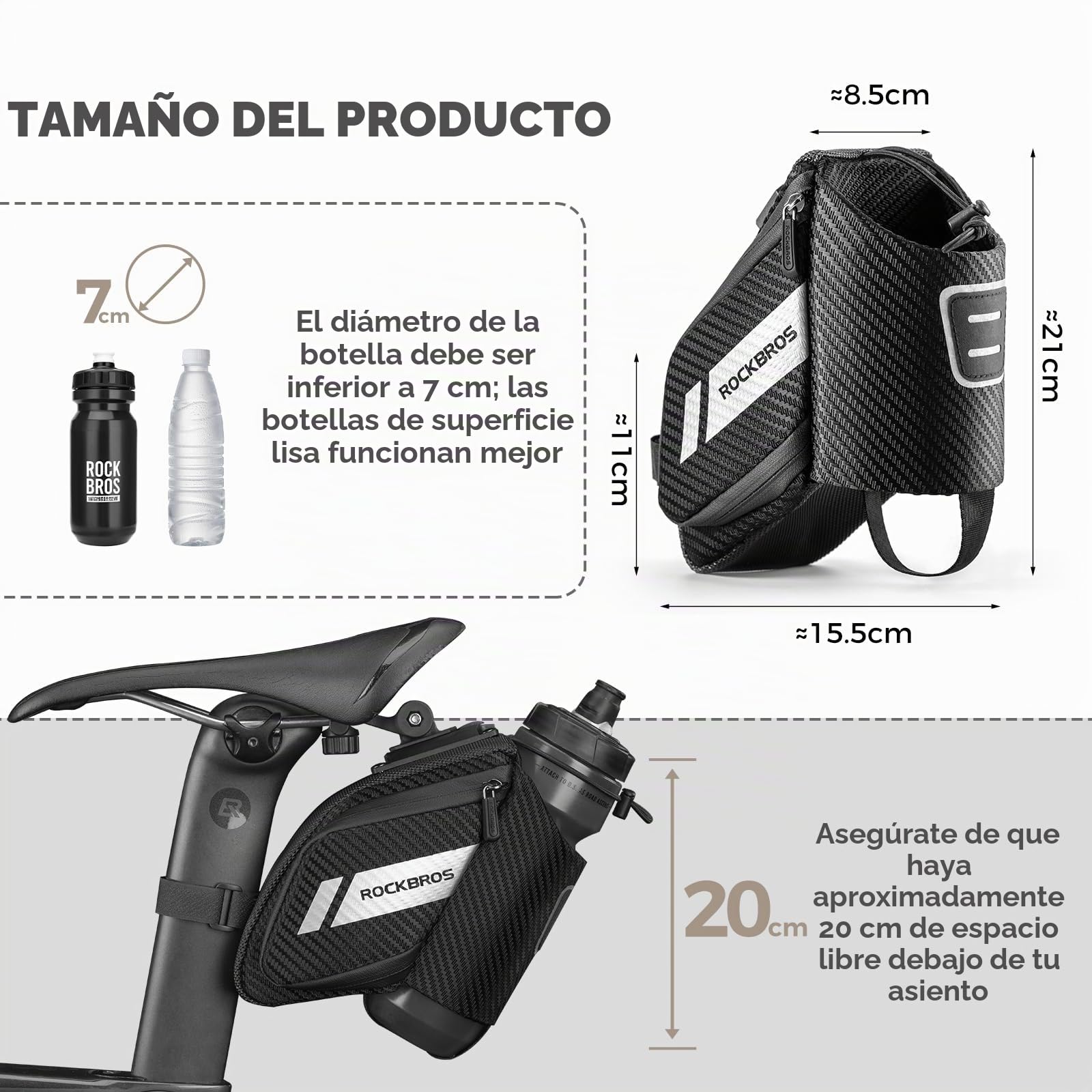 ROCKBROS Bolsa para sillín de bicicleta con bolsillo para botella de agua, bolsa de almacenamiento impermeable, bolsa de asiento de bicicleta, bolsa de ciclismo de liberación rápida con visibilidad