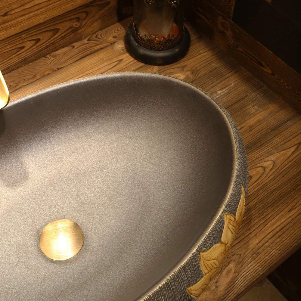 HomeLava Bathroom Sink Vanity Sink Vintage Retro Stone Round Basin Countertop Basin with Faucets Bathroom Ceramic Vessel Sink Modern wash Basin+Pop Up Drain Combo +Faucet,42cm*42cm*20cm
