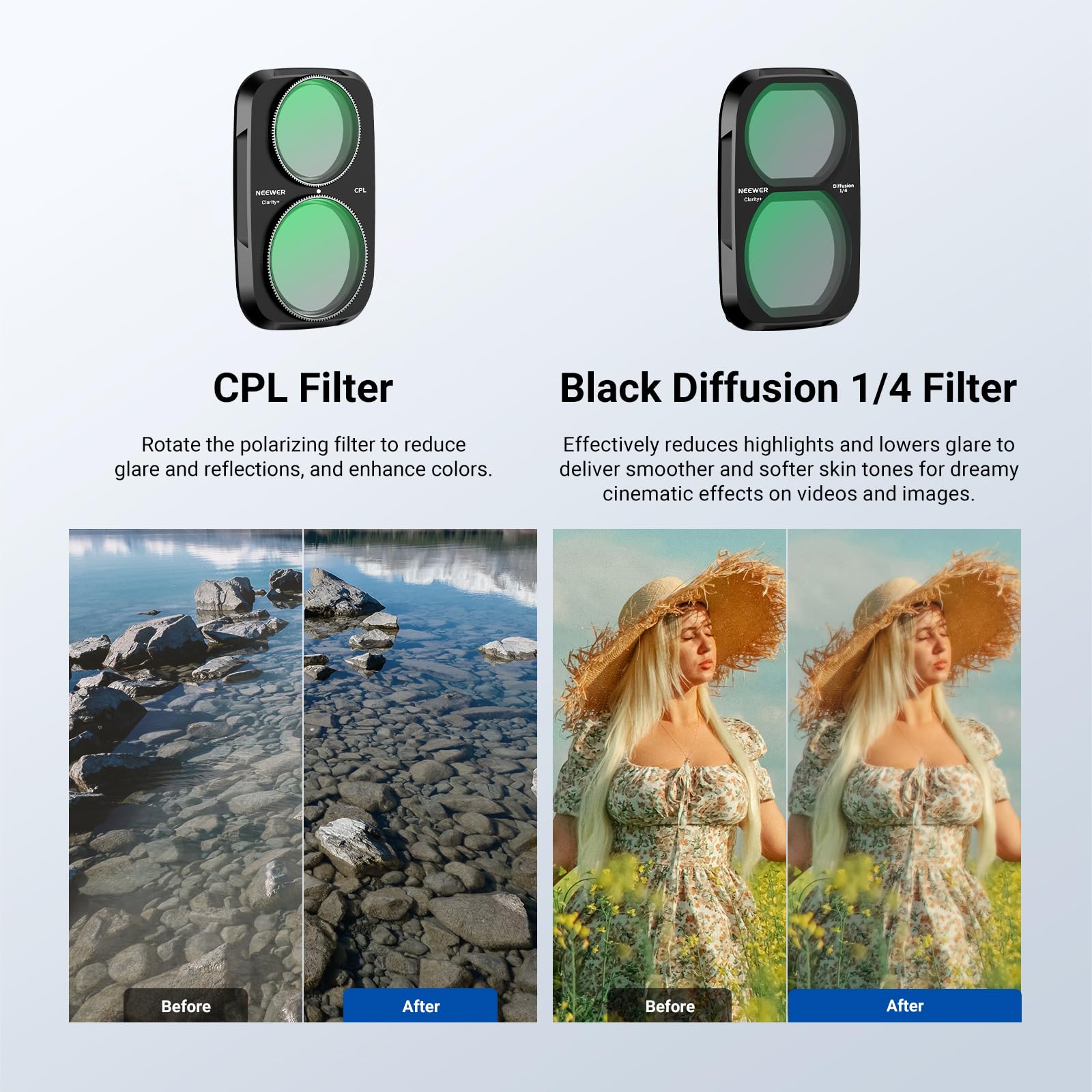 NEEWER Clarity+ filtr ND/CPL/Effect kompatybilny z DJI Osmo Pocket 4P | Optyczny HD, zmienna gęstość neutralna ND ND2-32, polaryzator kołowy, czarny filtr dyfuzji 1/4 do mgły efekt kinowy metal