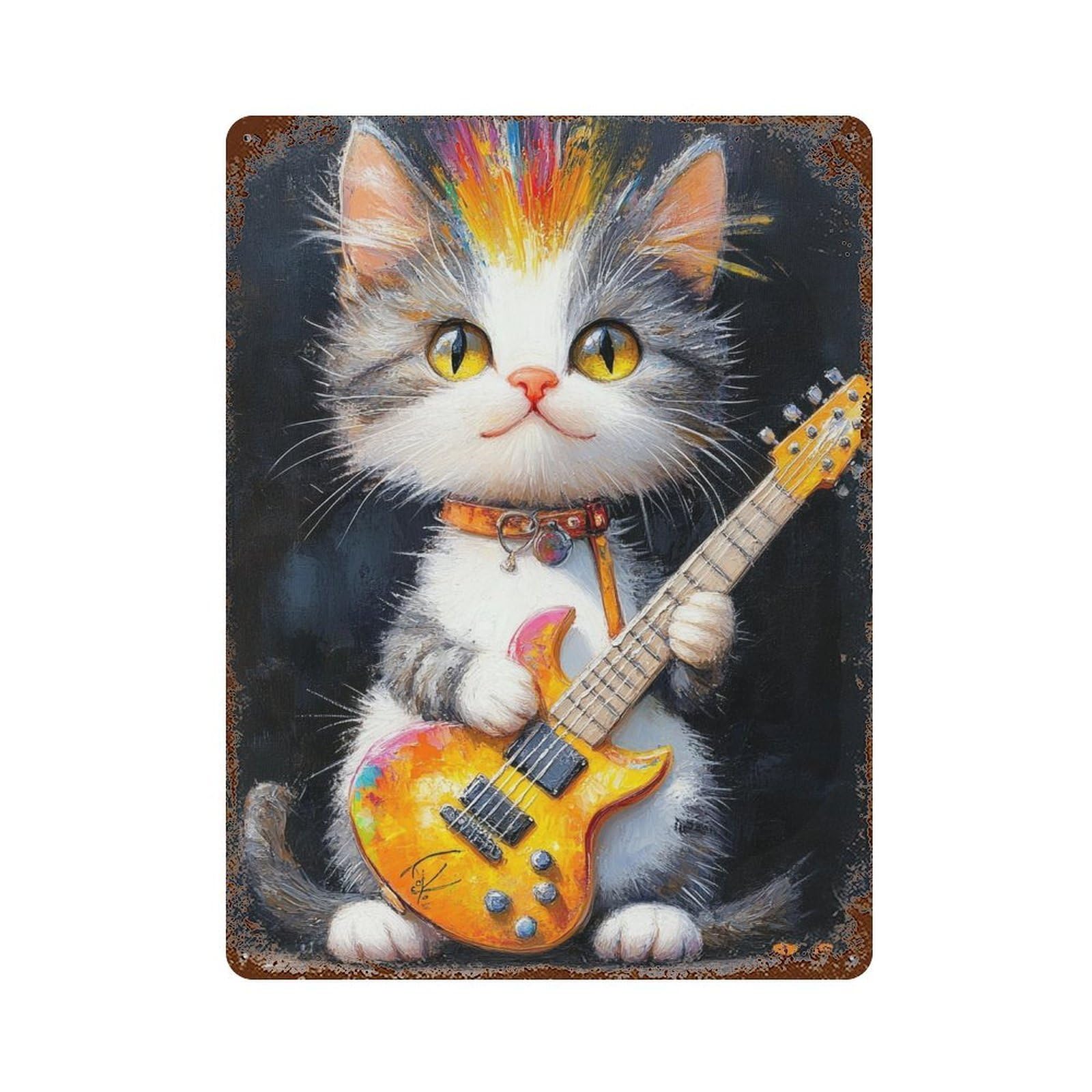 Rock Star Kitten Guitar -4 Rust Effect Tin Sign 15.7"x11.8", Vintage Wall Decor for Garage, Pub Or Kitchen