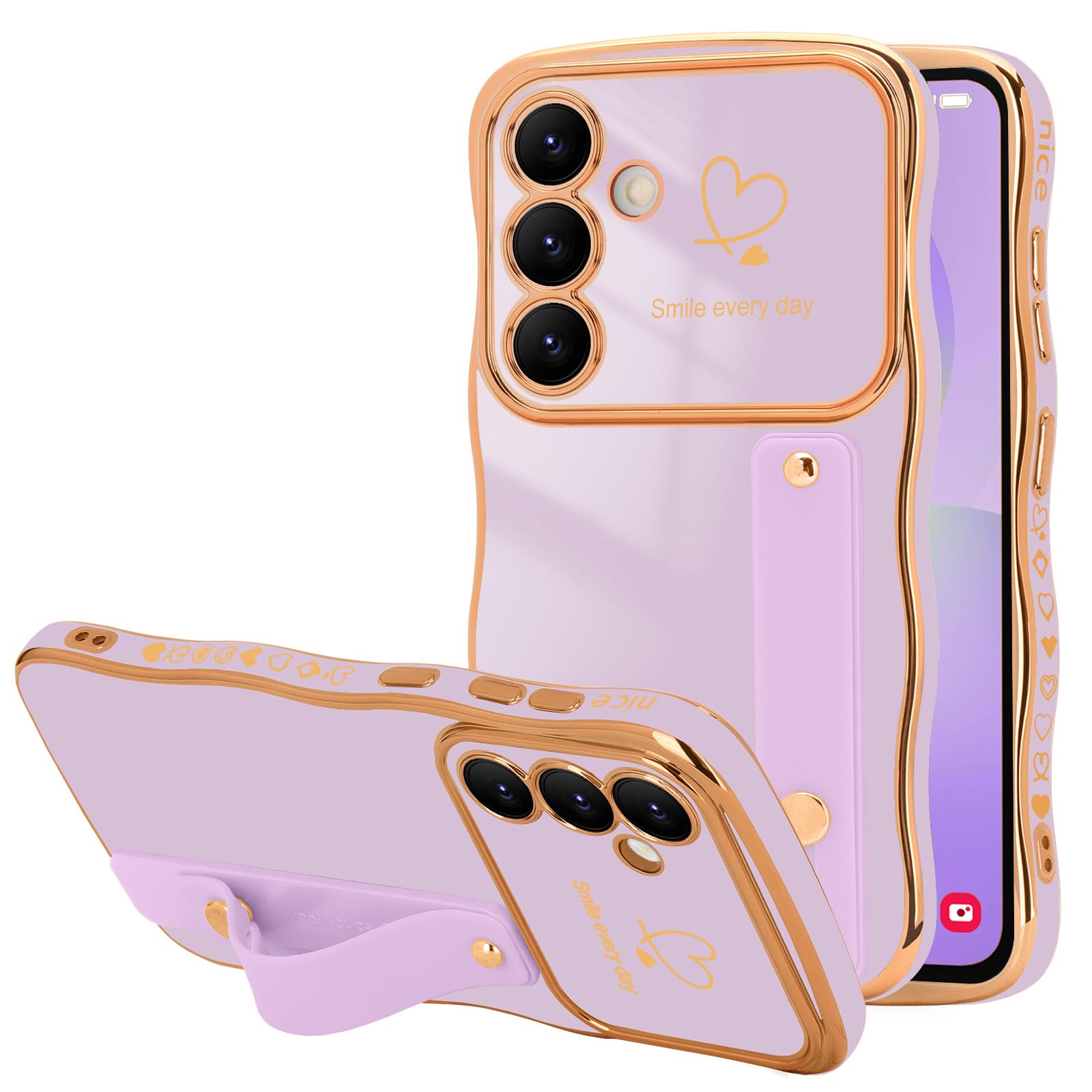 LLZ.COQUE for Samsung Galaxy A36/A56 5G Case for Women Girls Strap Cute Love Heart Plating Wave Frame Cover, Raised Camera Protection Shockproof Phone