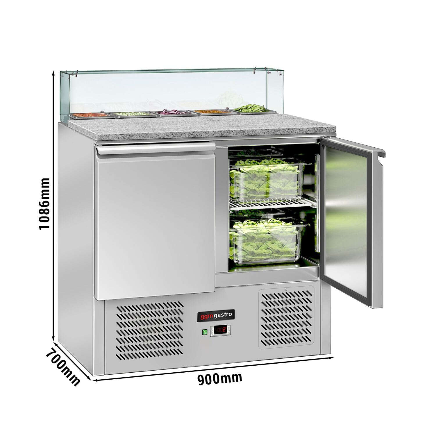 GGM Gastro | SAG97OG#GSG97E#07 | Saladette ECO - 900mm - 2 Türen - mit Glasaufsatz für 5x GN 1/6