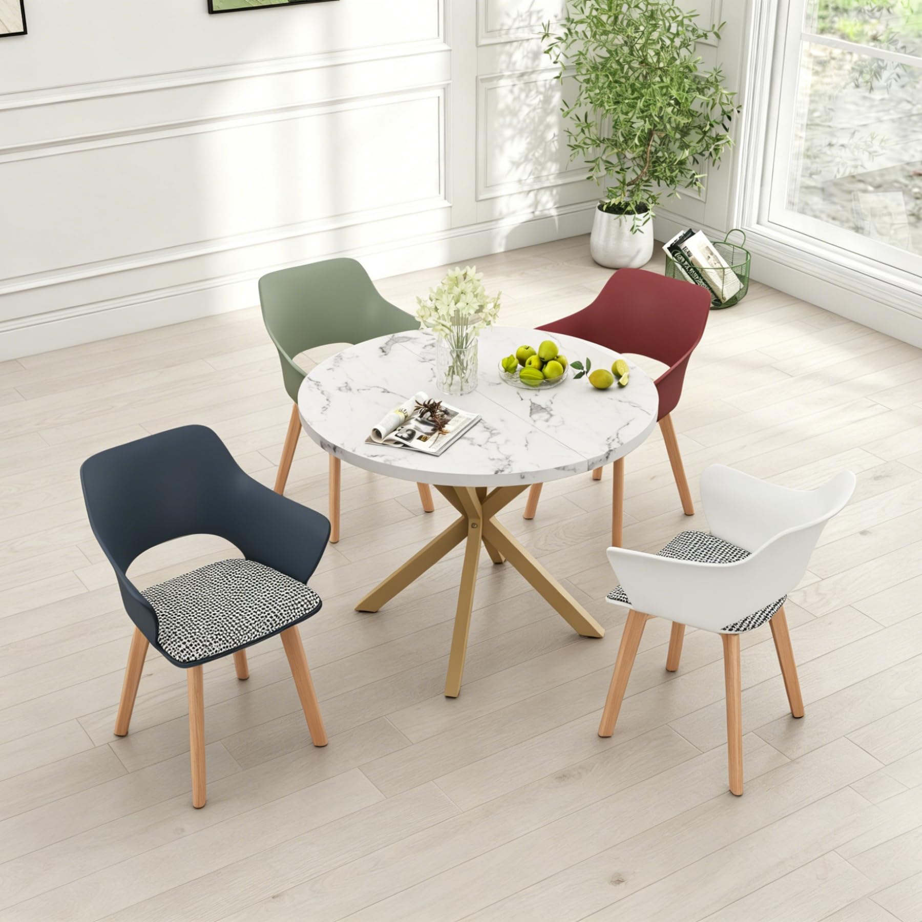 Set di 4 Sedie da Pranzo Scandinave, Sedia da Pranzo in Stile Nordico con Braccioli, Gambe in Faggio, Sedia da Cucina Imbottita in Plaid di Lino - Bianco+Rosso+Verde Chiaro+Blu