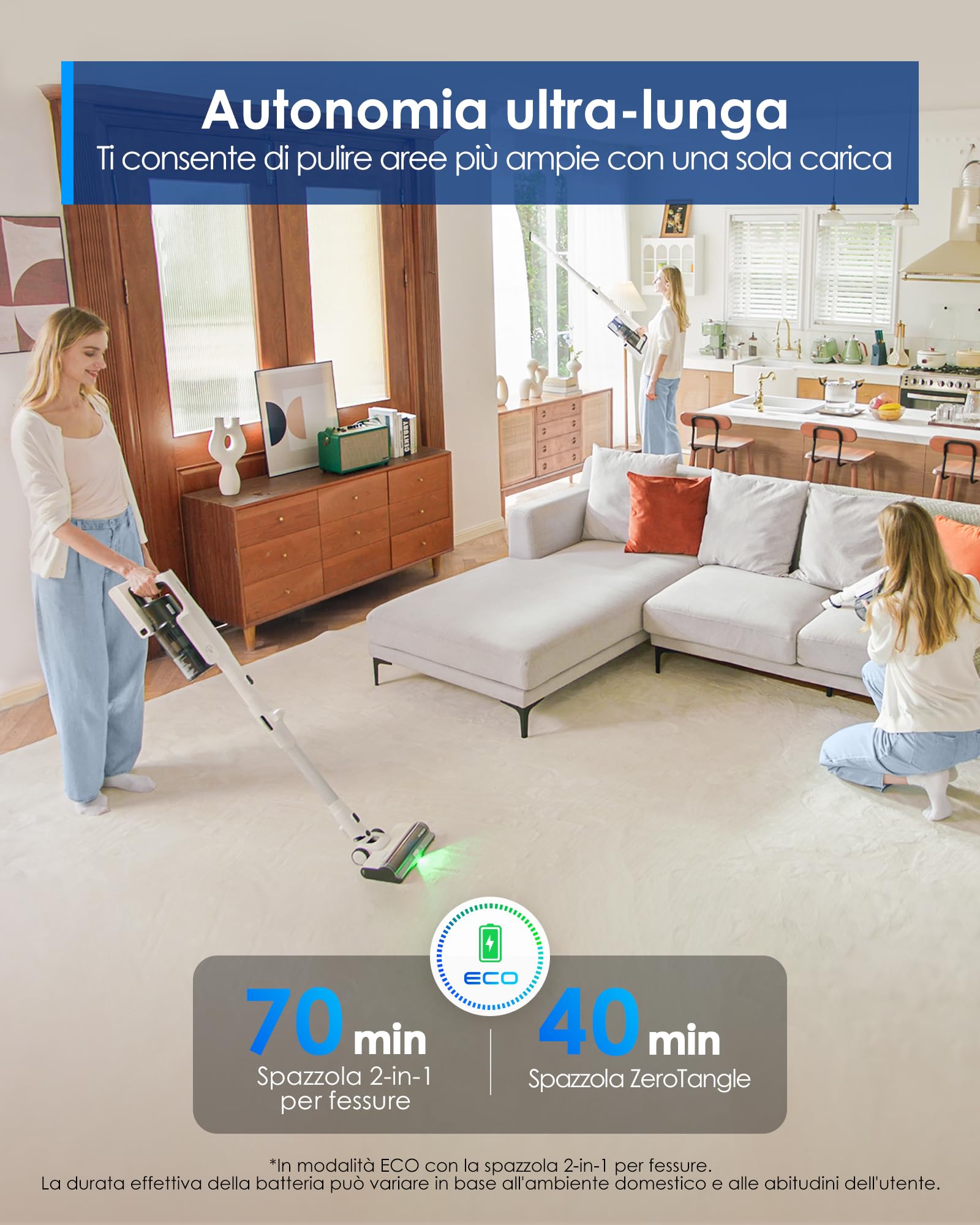 Tineco Pure One A50S Plus Aspirapolvere Senza Fili, 185W di Potenza di Aspirazione, 70 Minuti di Autonomia, Serbatoio Polvere da 1L, Spazzola 3DSense, Gestisce Facilmente Sporco di Grandi Dimensioni