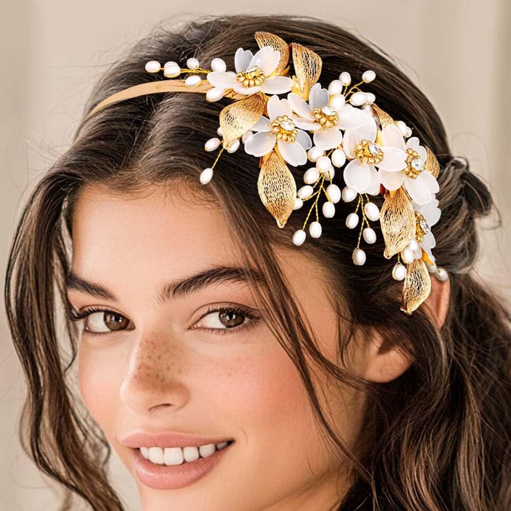 Campsis Pearl Wedding Headband Gold Flower Bridal Headpiece Rhinestone Bride Hair Accessories for Women and Girls