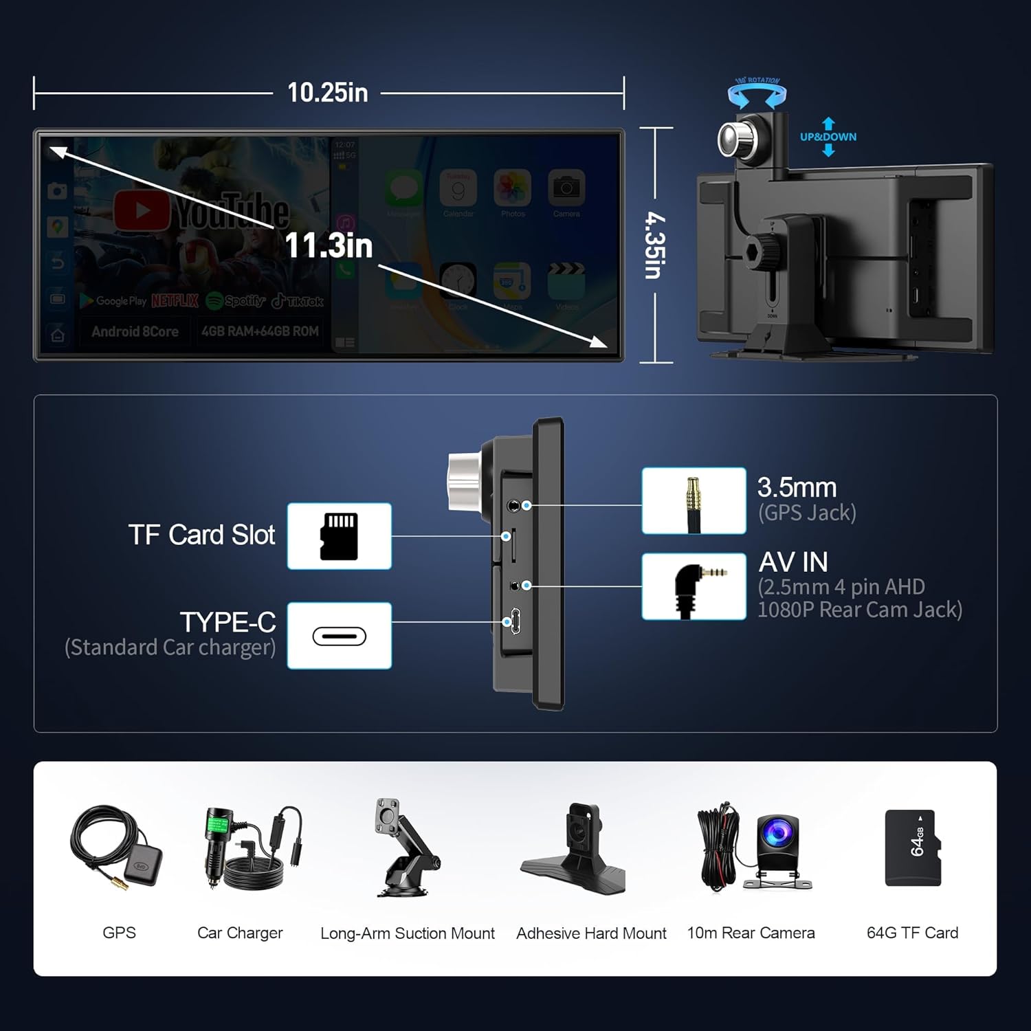 10.25" QLED Carplay Screen for Car Android 8Core 4G+64G Apple CarPlay & Android Auto Screen with Net-Flix YouTube Google Play 1080P Front & Rear Camera Split Screen GPS Voice Control 10.25" (4+64GB)