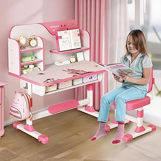 ohfruit Kids Table Chair Sets Multi Functional Desk Set with Drawers and Storage Adjustable Children School Study Table Chair Set with Pattern for Boys Girls Pink Cartoon 2