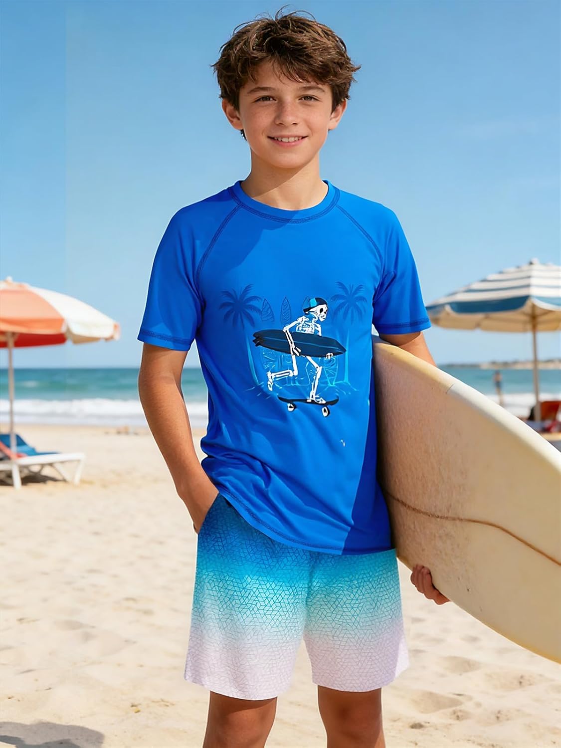 Boys Rash Guard Swimsuit Kids Bathing Suit Swim Trunk with Shirt 2 Piece Set for 7-14 - Image 2