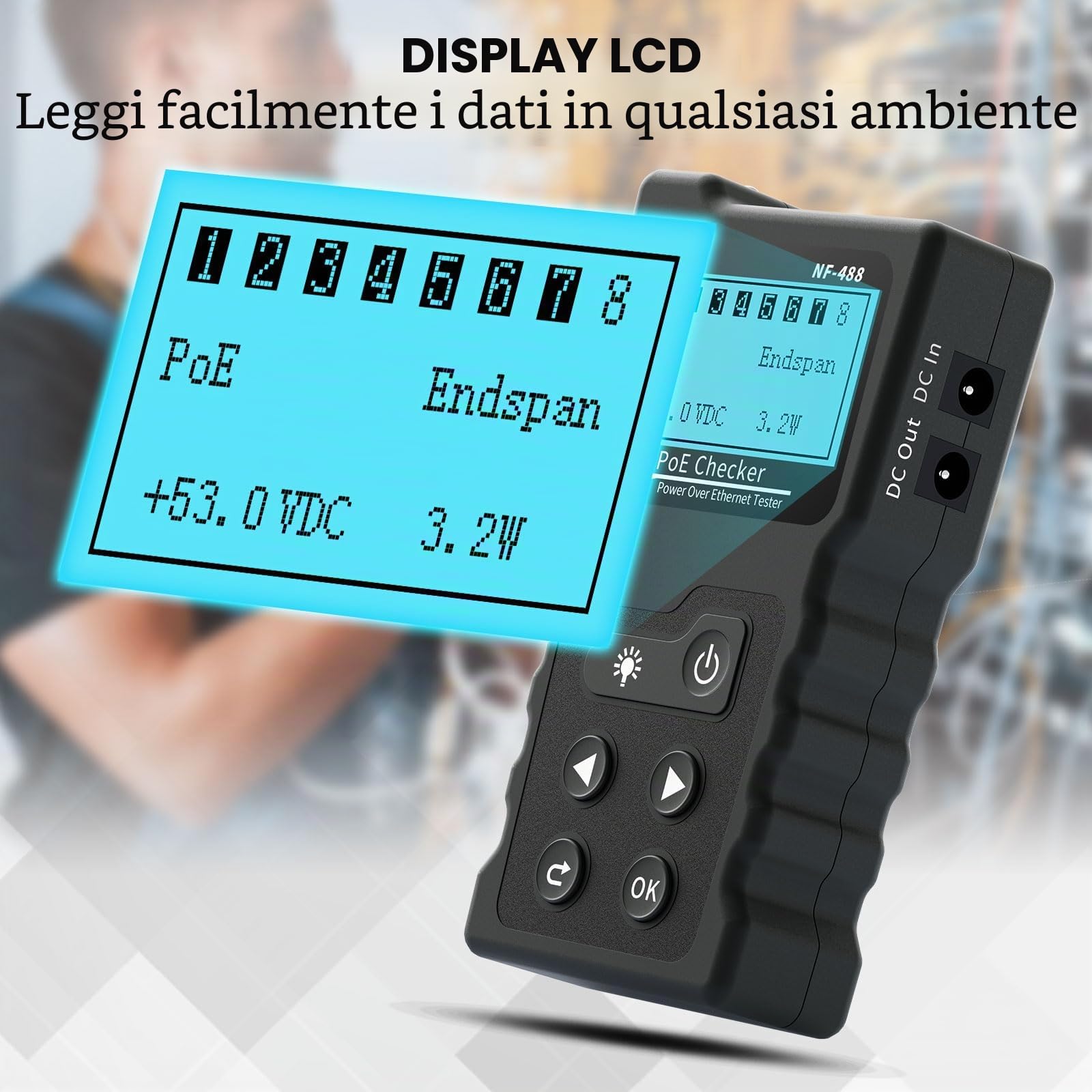 Noyafa Tester per Cavi di Rete con LCD Tester Lan con Funzione POE Test di Tensione e Corrente per Verificare lo Stato di Cortocircuito, Incrocio e Circuito Aperto dei Cavi di Rete, NF-488