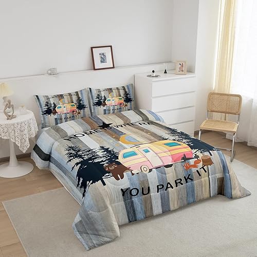 Miniatura 2 de Juego de ropa de cama Happy Camping para niñas, niños y adolescentes, juego de edredón rosa de coche rv, edredón de plumón vintage de madera
