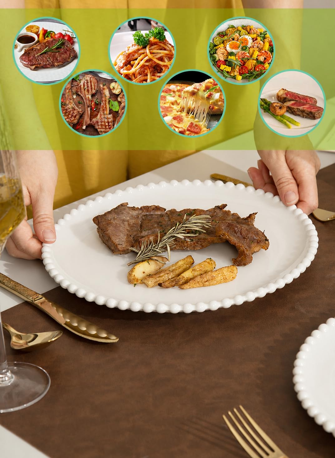 Lot de 8 assiettes à salade rondes en porcelaine de 26,7 cm, résistantes aux rayures, passent au micro-ondes, au four et au lave-vaisselle, blanc à pois perlés