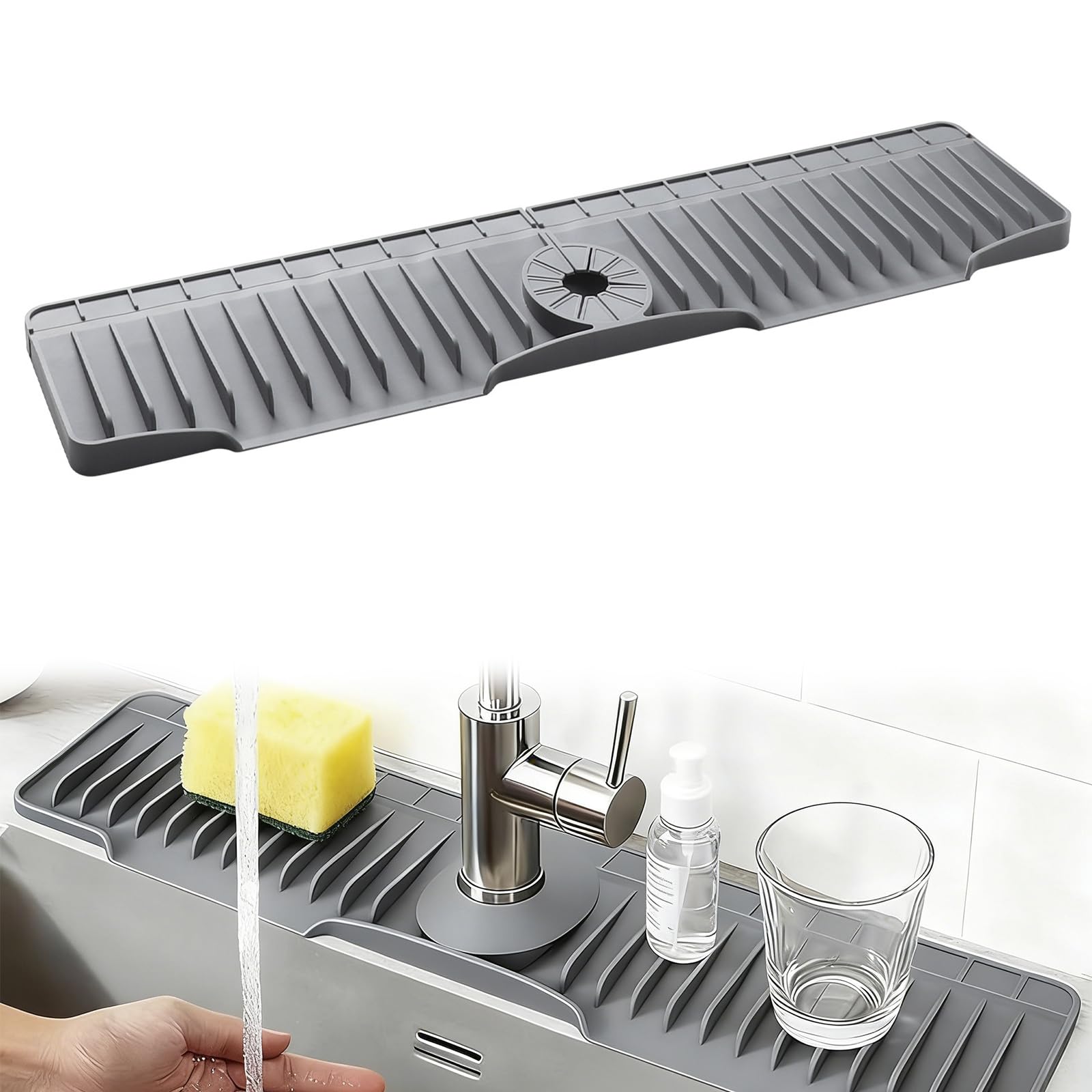 Silicone Faucet Mat, Faucet Handle Drip Catcher Tray, 61cm Slope Fast Self-draining-Kitchen Sink Splash Guard Sink Splash Guard Mat for Kitchen Bathroom Counter (Grey)