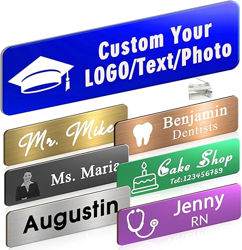 Etiqueta de nombre personalizada grabada personalizada con imagen de logotipo, etiquetas de identificación de metal personalizadas con pin o