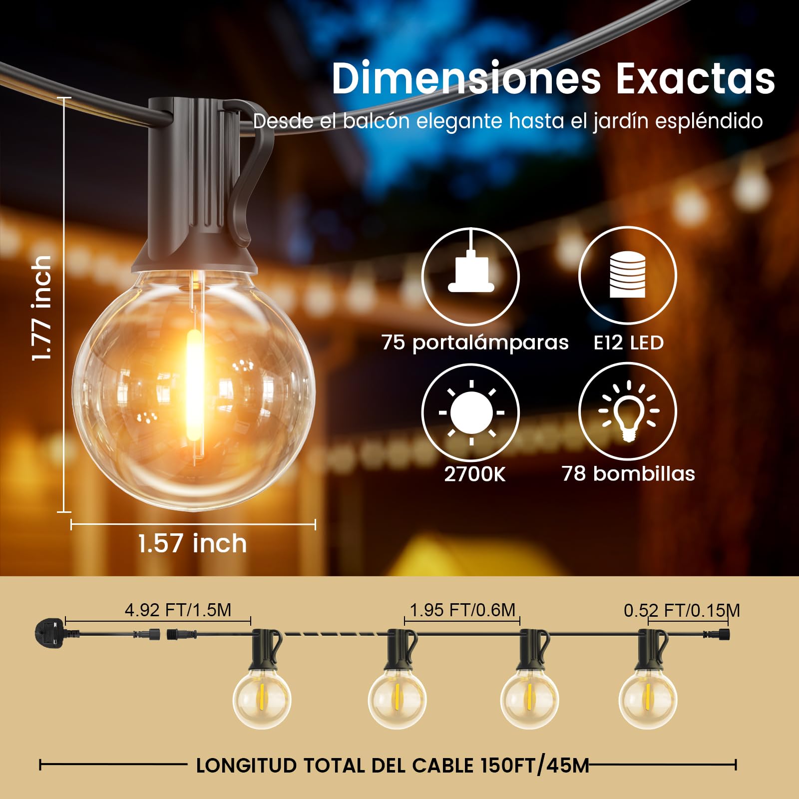 Guirnalda Luces Exterior 45 Metros, G40 Guirnaldas Exterior LED con 75+3 Guirnalda Bombillas, Impermeable IP45, 2700K Blanco Cálido Luces Terraza para Jardín Patio Fiesta Boda