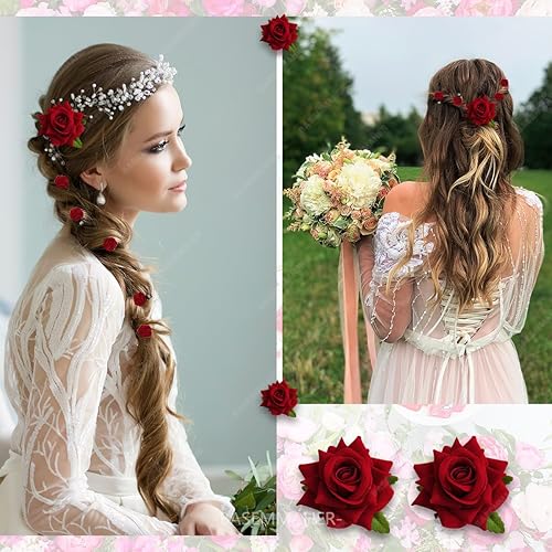 Miniatura 3 de BASEMMAHER 19 pinzas para el cabello con rosas rojas para mujeres y niñas, mini pasadores florales para el cabello, pasadores de flores, accesorio