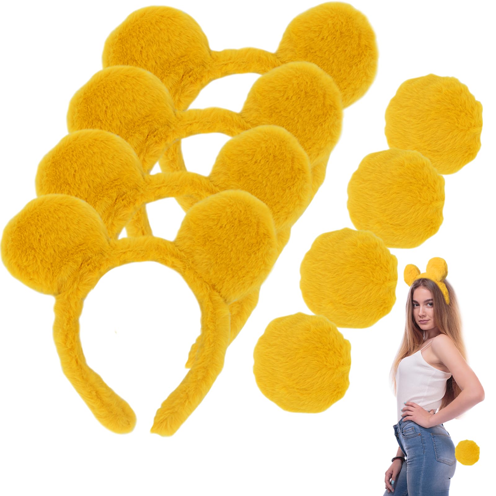 4 piezas de orejas de oso amarillo, diadema y cola, disfraz de oso de orejas de animal para adultos, mujeres, hombres, cosplay, carnaval