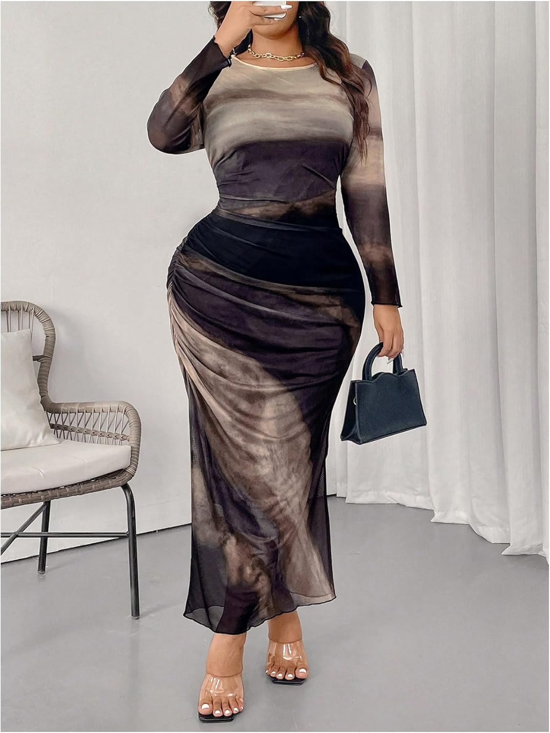 Floerns Women's Plus Size Tie Dye Long Sleeve Mesh Party Bodycon Long Dress - Image 5