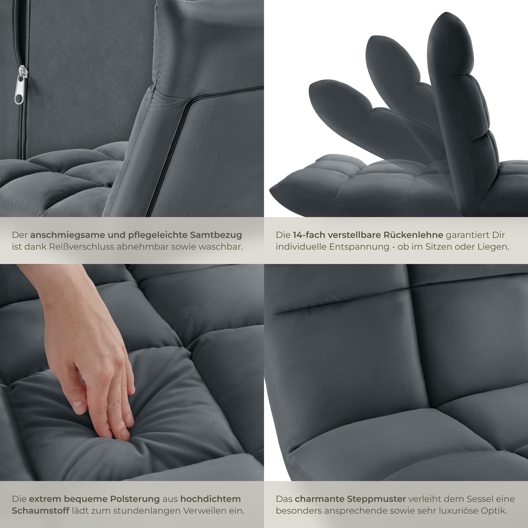 tectake® Relaxsessel, XXL Bodenstuhl faltbar mit Liegefunktion, Bodensessel mit Verstellbarer Rückenlehne, nutzbar als Sessel, Sitzkissen, Bodenkissen, Relaxliege oder für Meditation (grau)