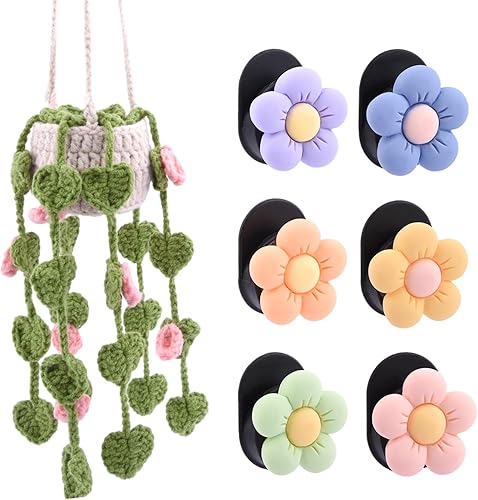 KELEAPEKER Accesorios para el interior del automóvil, 7 piezas de decoración de coche, planta colgante de ganchillo con ganchos de coche (B)