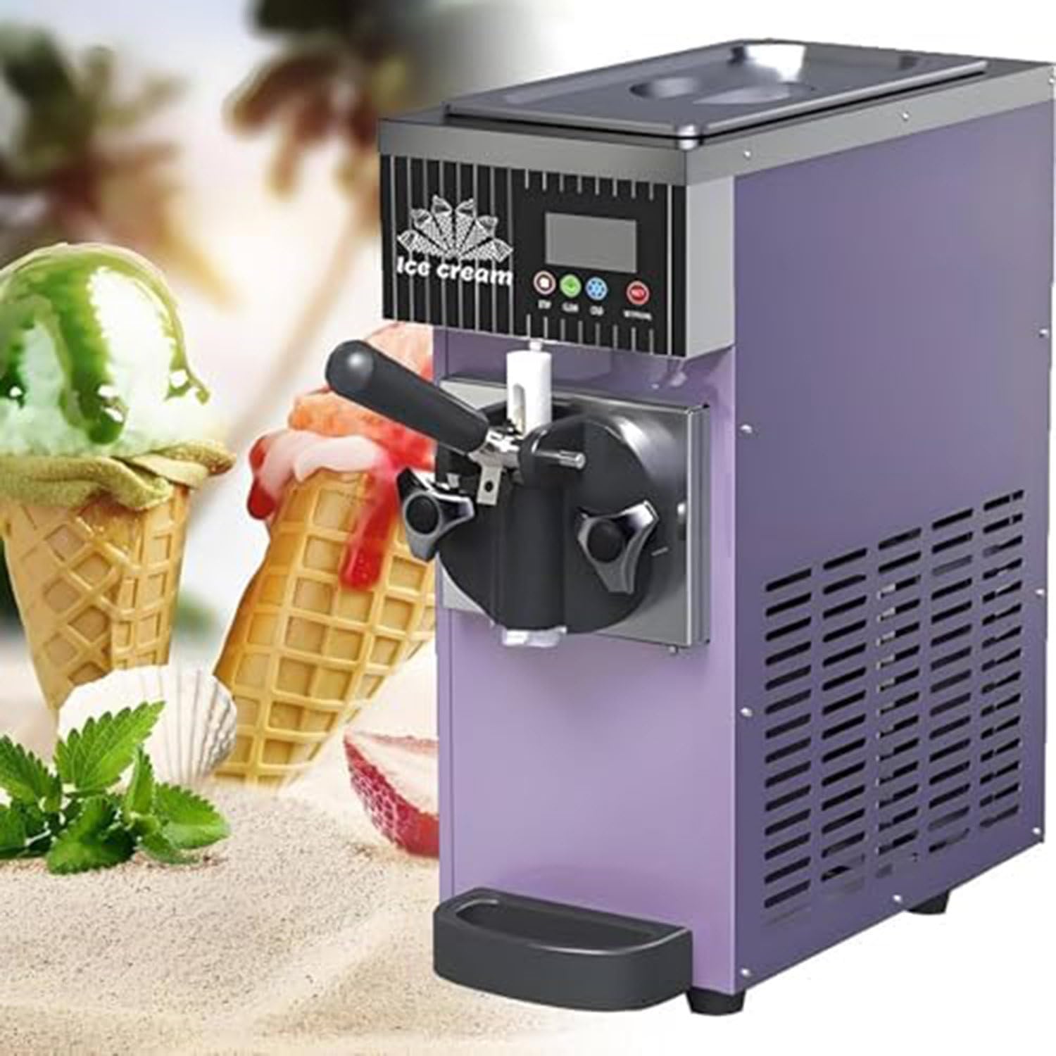 Countertop Ice Cream Maker,Single Flavor Soft Serve Ice Cream Machine,Commercial Vertical Ice Cream Machine,Stainless Steel Single-Head Ice Cream Cone Machine Purple