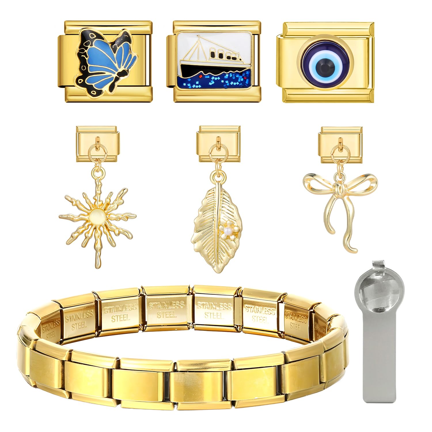 Włoska bransoletka charms, złota, 6 włoskich charmsów, zestaw bransoletek DIY, 9 mm, zdejmowane moduły do włoskich bransoletek, charmsy w stylu włoskim dla kobiet, A Größe, Stal nierdzewna,