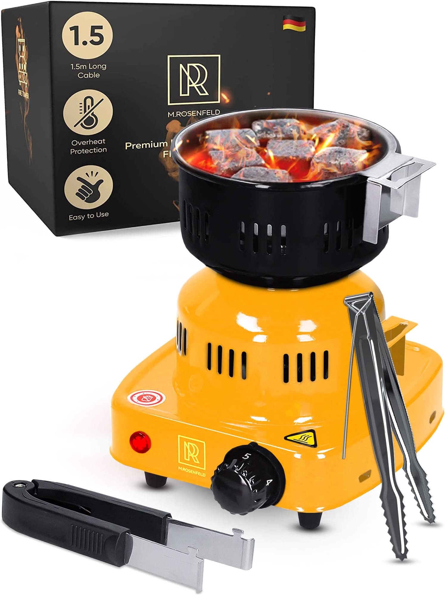 M. ROSENFELD Yellow Multipurpose Electric Charcoal Starter - Electric Charcoal Burner UL & STS Approved Electric Stove - Coconut Charcoal Lighters - 450W Hot Plate Electric - Stainless Steel