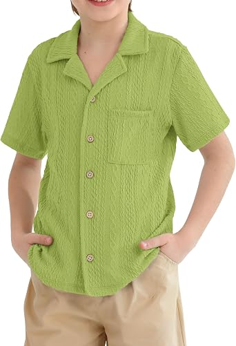 Boys Textured Rib-Knit Short Sleeve Button Down Shirt,Stretch Casual Cuban Collar Holiday Top with Pocket 5-14 Years