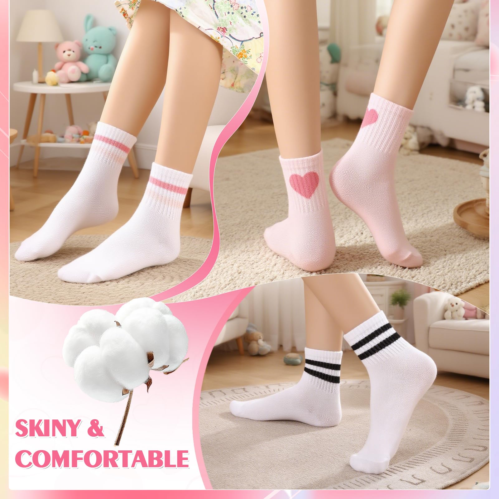 Utensilsto 6 paia di calzini da bambina 25-28, 29-33, 33-36, calzini da tennis, calzini sportivi in cotone, con strisce retrò, a forma di cuore, calzini per bambini per ragazze e ragazzi