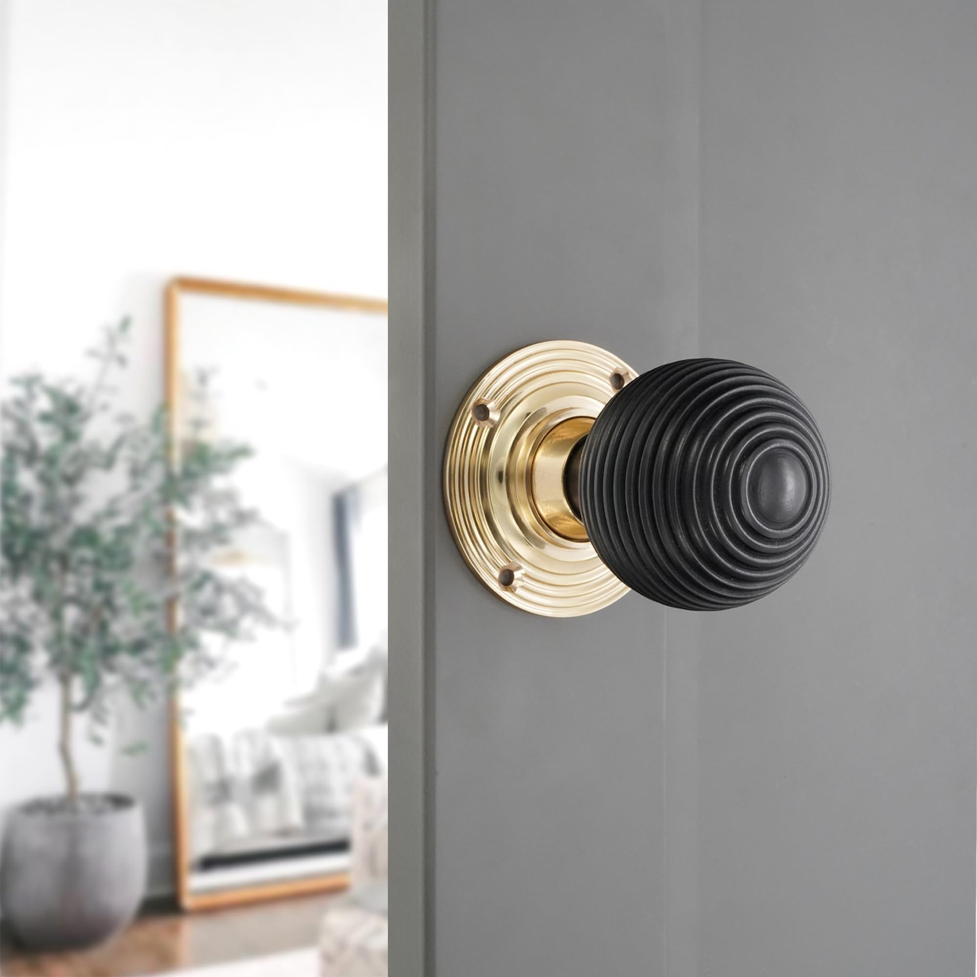 Infinity Decor Victorian Pure Ebony Wooden Beehive Mortice Rim Door Knobs Pull Handles on Polished Brass Rose 55mm - Image 2