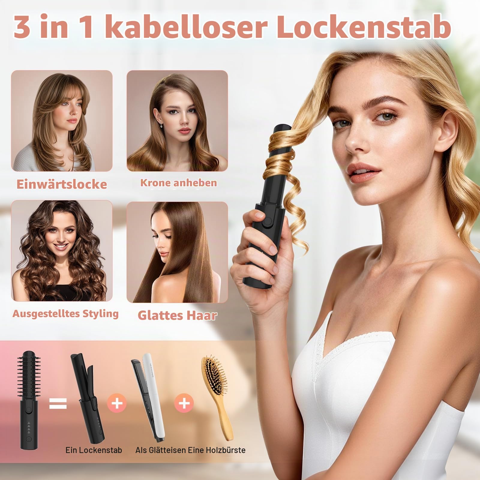 Schnurloser Lockenstab 32mm mit 4 Temperaturen, tragbarer Reise-Lockenstab | 7000mAh USB-aufladbar für Lockenstab Große Locken, mit 10-Minuten-Abschaltautomatik (Schwarz)