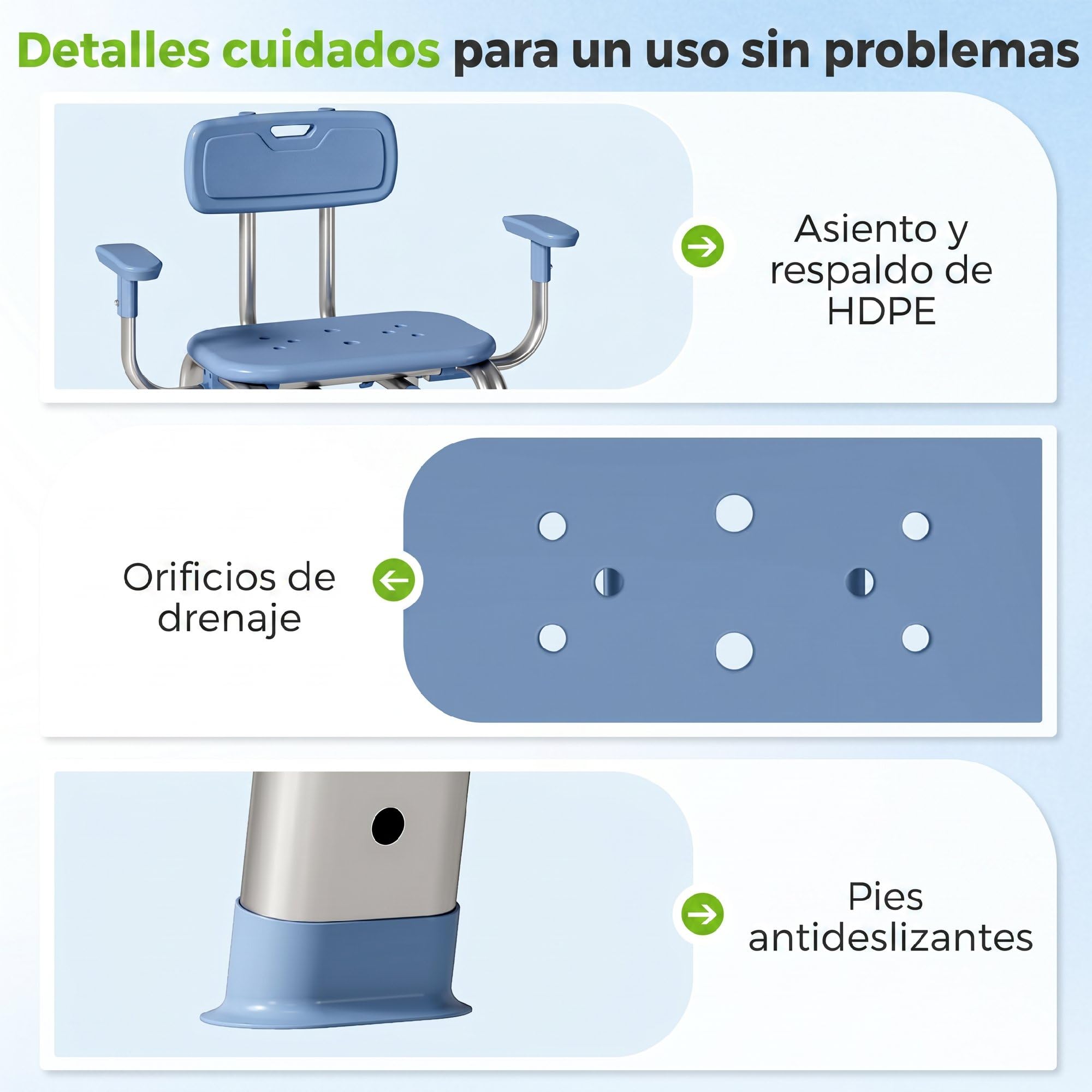 HOMCOM Silla Ducha Personas Mayores con Reposabrazos Ajustable 150 kg | Taburete de Baño Antideslizante con Respaldo, Altura Ajustable, Ancianos, Discapacitados, Minusválidos