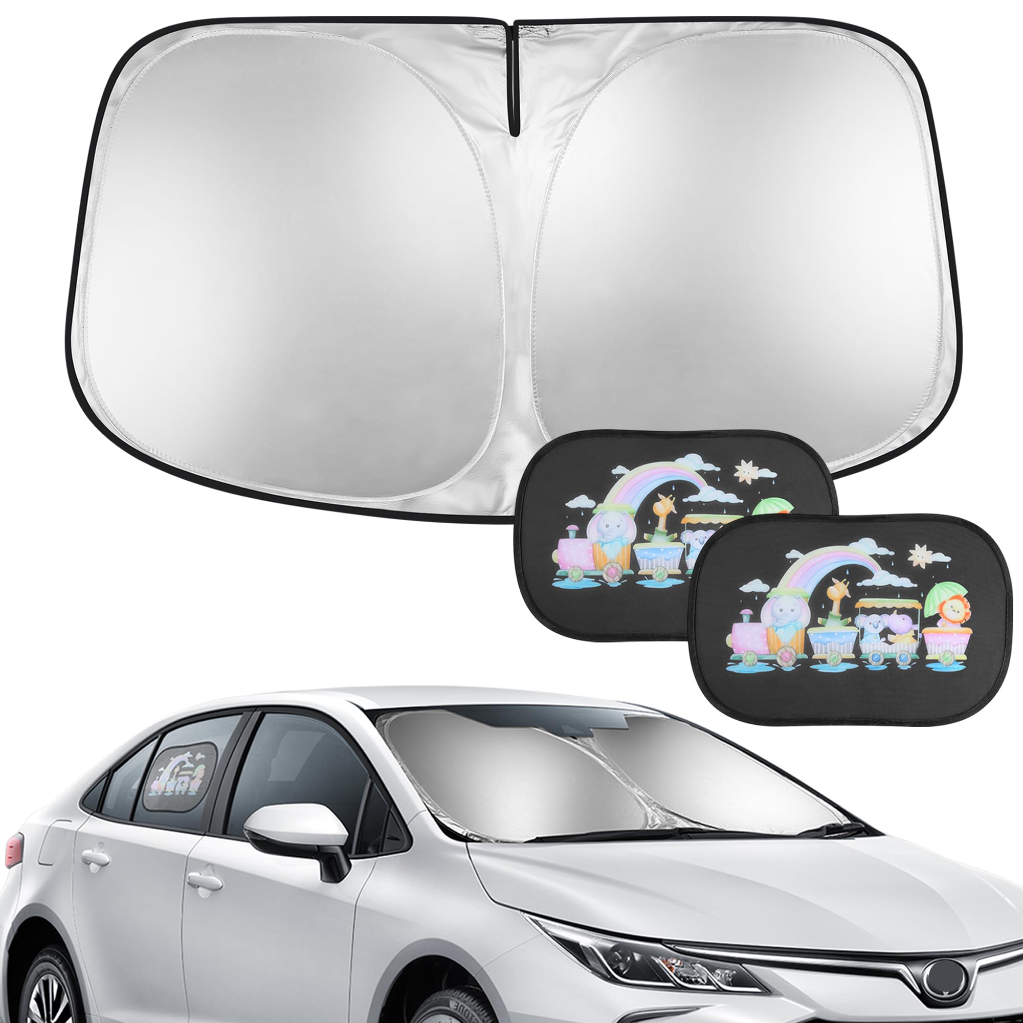 COZCLAM 140x80cm Parasol Coche Delantero con 2 Parasol Coche Lateral, Protector Solar Coche Parabrisas Plegable con Bolsas Almacenamiento, Accesorios Coche Protección UV Parasol