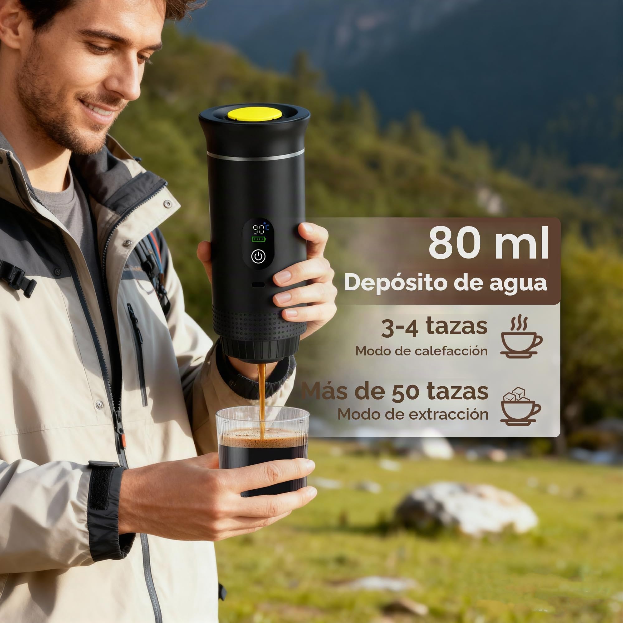 Bostar Máquina de Café Portátil con Pantalla Digital Temperatura, 3 en 1 Cafetera Espresso Eléctrica Portátil Cafetera para Camping Viaje Compatible con Cápsulas Pequeñas Grandes Café Molido-Verde