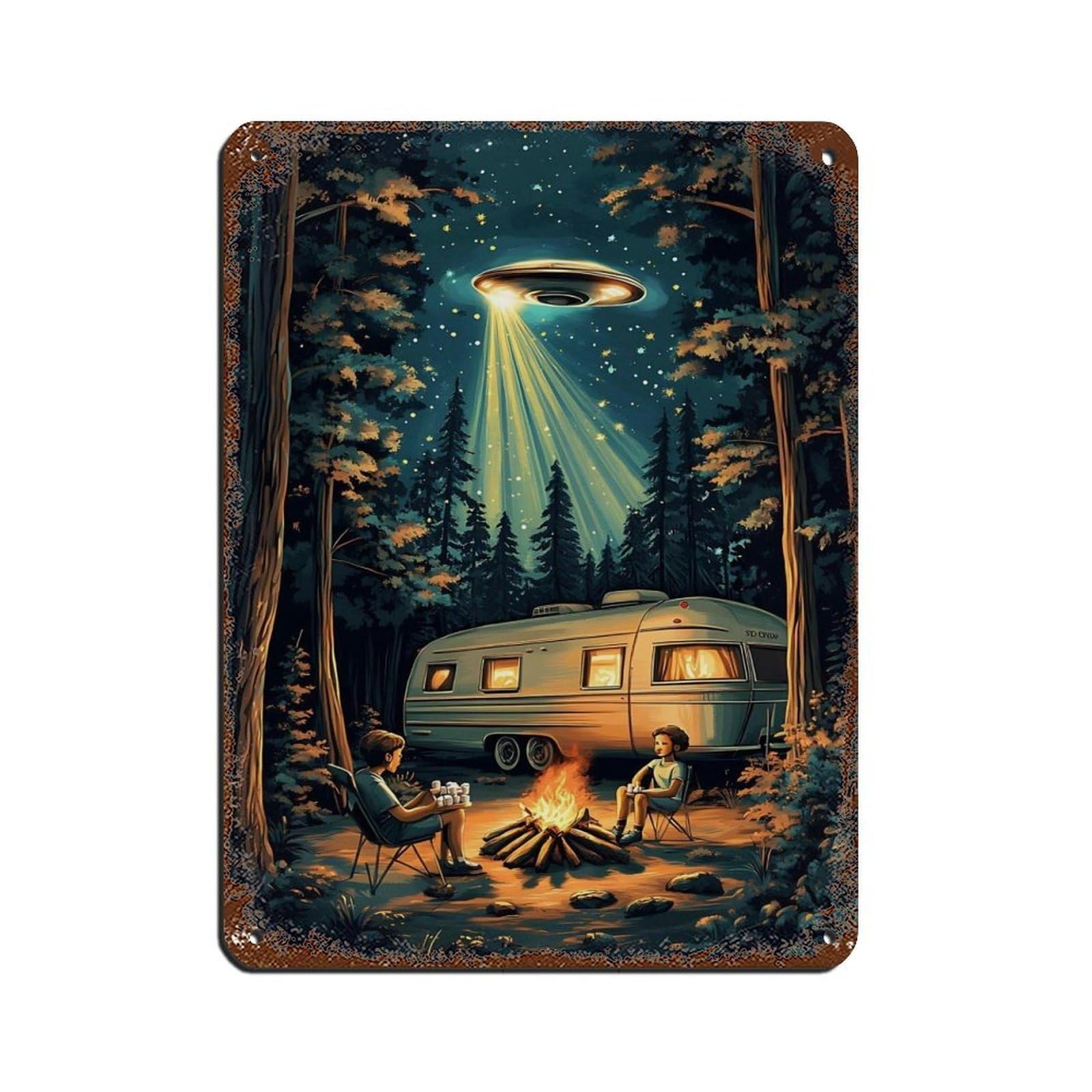 Retro UFO Camping Surreal Night Scene Retro Poster Metal Tin Sign Chic Art Retro Iron Painting Bar People Cave Cafe Family Garage Poster Wall Decoration 12x16inch(30x40cm)