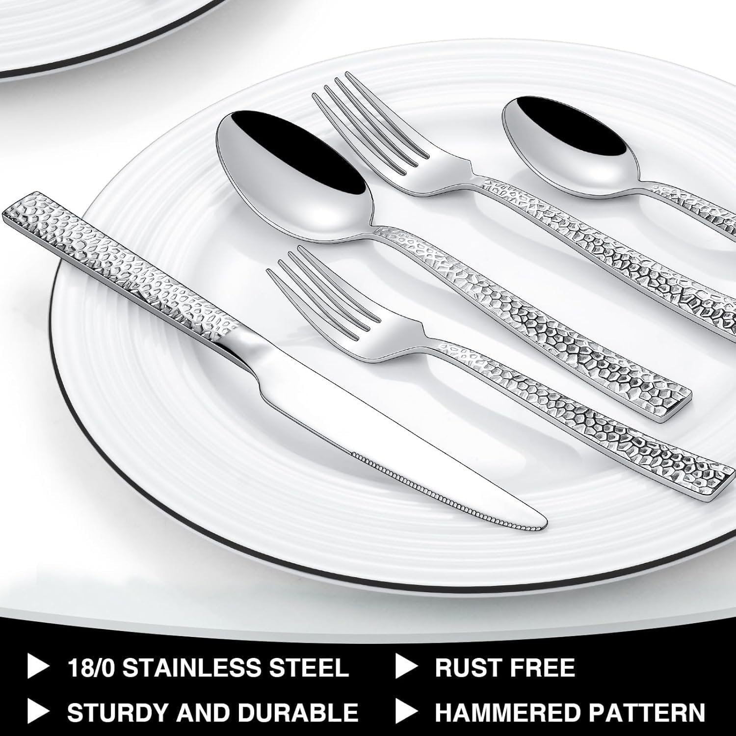 Juego de cubiertos martillados de 40 piezas de acero inoxidable cuadrado para 8, juego de cubiertos de grado alimenticio, juegos de utensilios para restaurante en casa, acabado espejo, apto para