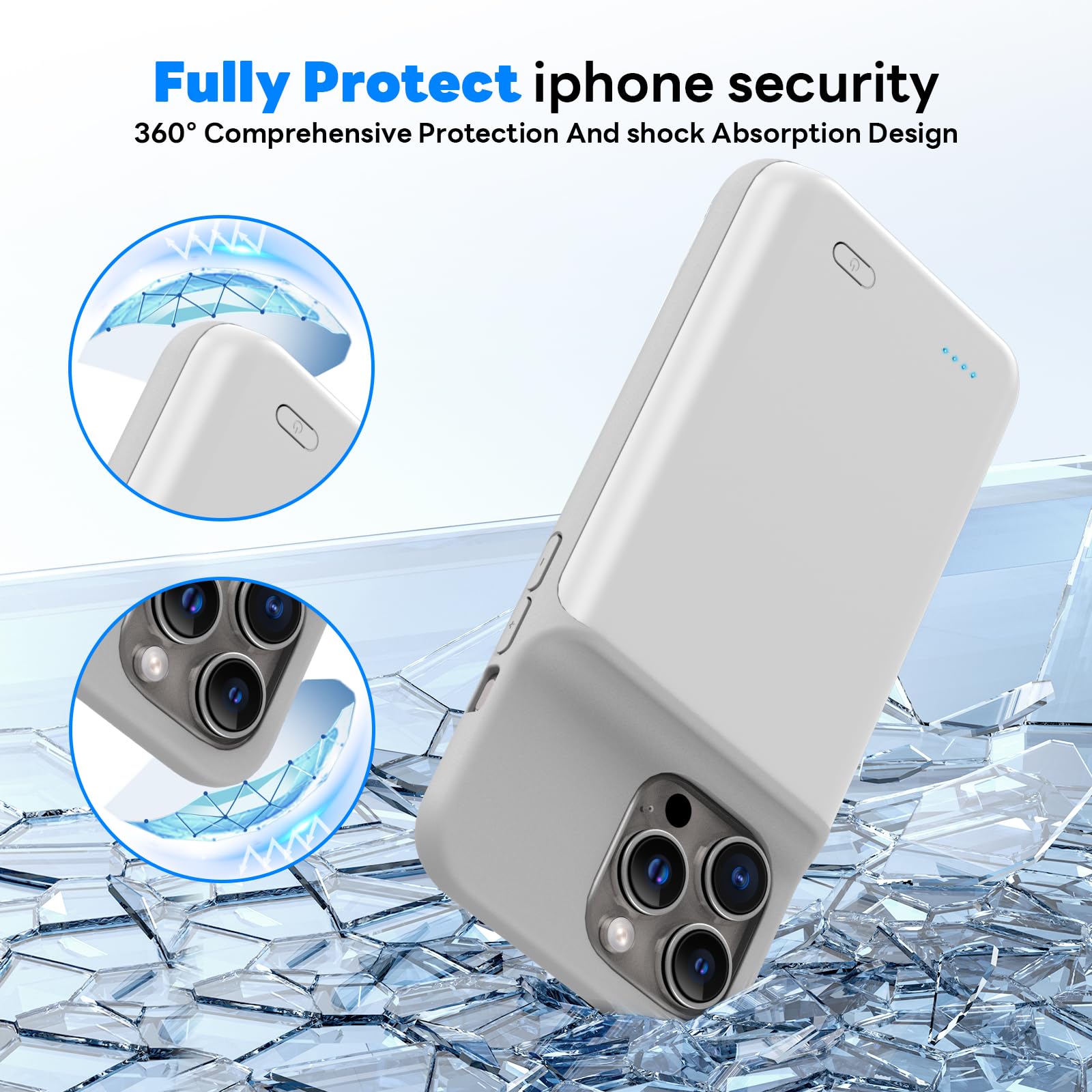 Akkuhülle für iPhone 16 Pro (6,3"), 7000mAh Wiederaufladbar Batterie Ladehülle Akku mit Panzer Schutz Glas, Powerbank Hülle Zusatzakku Akku Case Akku Ladehülle Handyhülle-Weiß