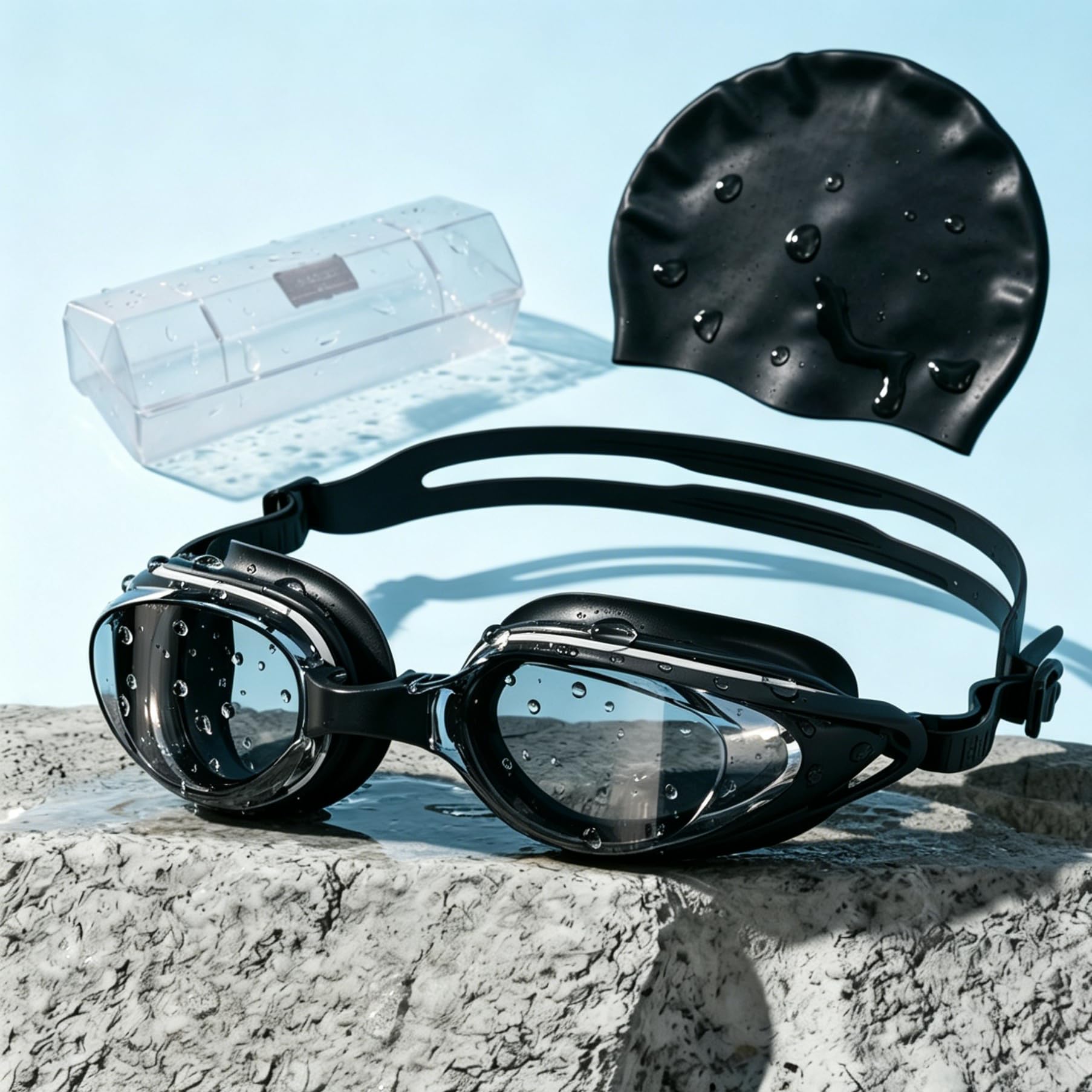 Yuziwi Professional Anti-Fog Swimming Goggles with Prescription, Wide Angle Clear, Waterproof Diving Goggles for Men and Women, -8.0 to 0.0 (-8.0, Black Swimming Cap)