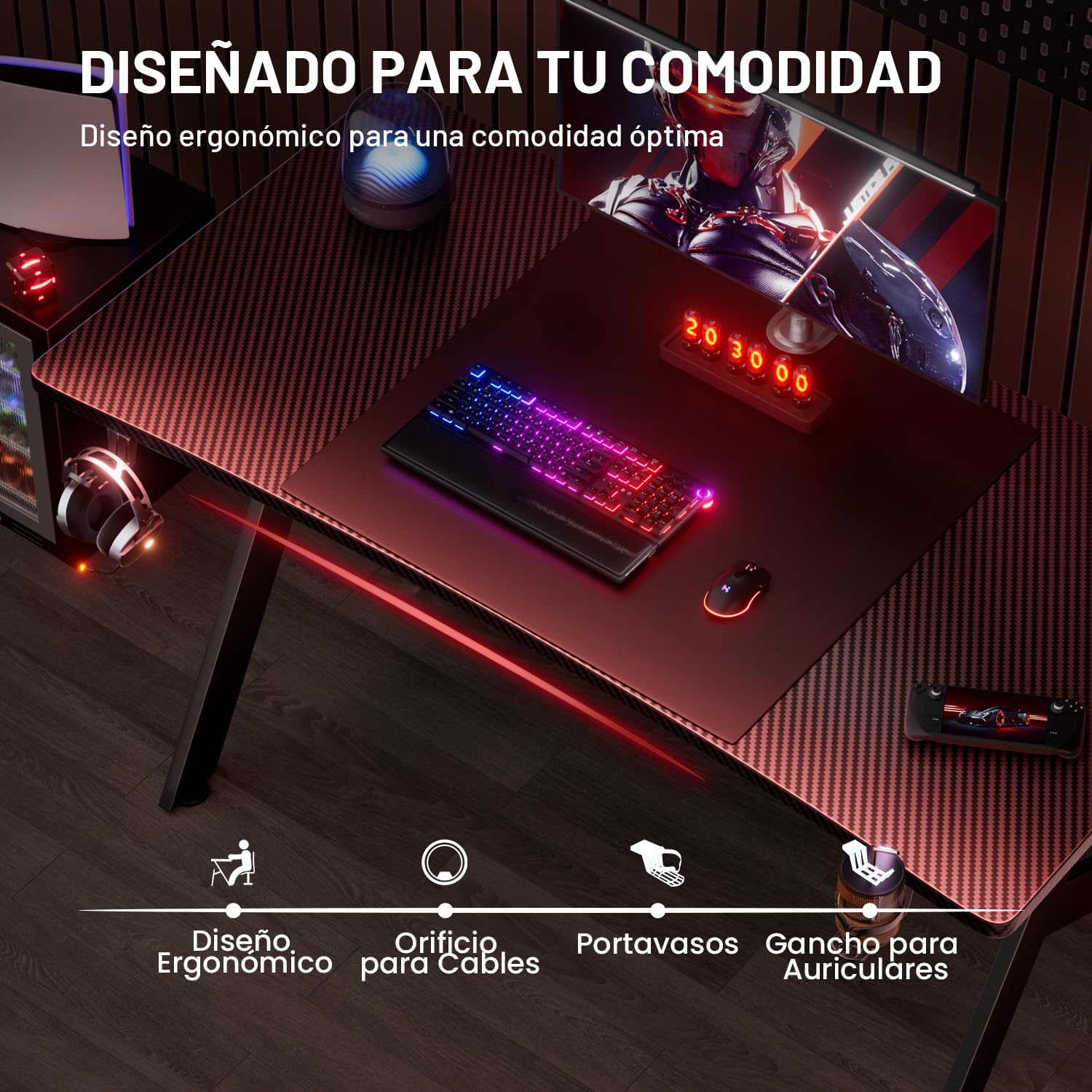 HLFURNIEU Mesa Gaming 120 x 60 cm, Escritorio Gaming Ergonómica, Mesa Gamer de Fibra de Carbono, Mesa para Ordenador con Portavasos y Gancho para Auriculares, Negro
