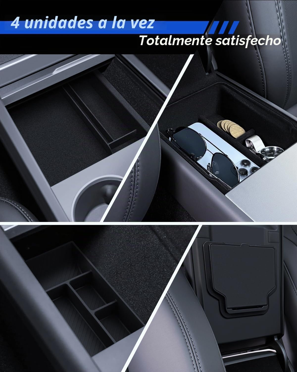 4 Piezas de Accesorios para Consola Central de Tesla Modelo Y 2025-2026 Juniper, Organizador de Silicona, Caja de Almacenamiento para Reposabrazos y Caja Oculta (Forrada)