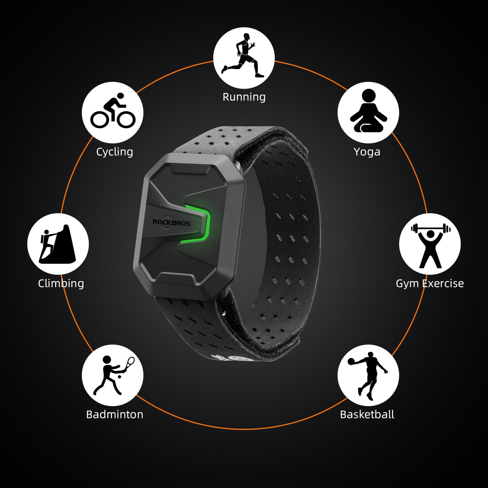 ROCKBROS Herzfrequenzmesser Armband, Bluetooth ANT+ Pulsmesser Fitness Tracker mit HR Zonen LED Indikator, IP67 Wasserdicht Optischer Pulssensor, 15h Akku, Magnetisches Laden