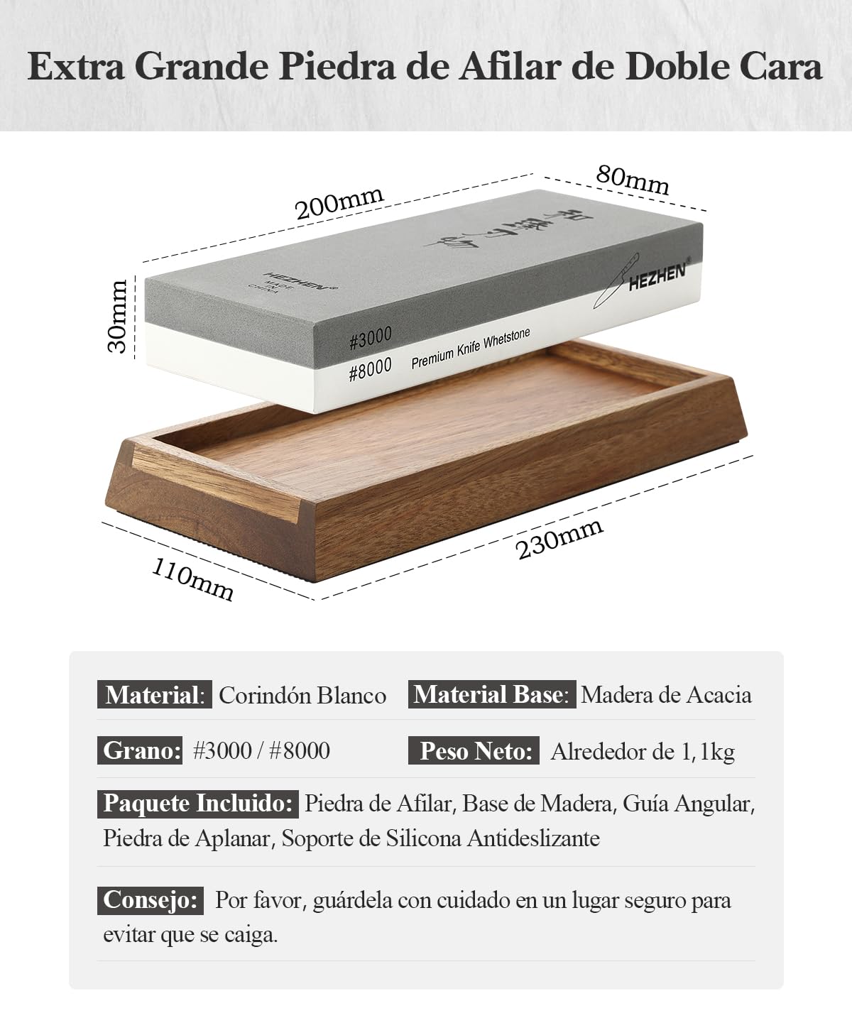 HEZHEN Piedra de Afilar Grande de Corindón Blanco, Grano 3000/8000 Doble Cara Afilador de Cuchillos Profesional, con Base Antideslizante de Madera, Guía de Ángulo y Piedra de Aplanamiento